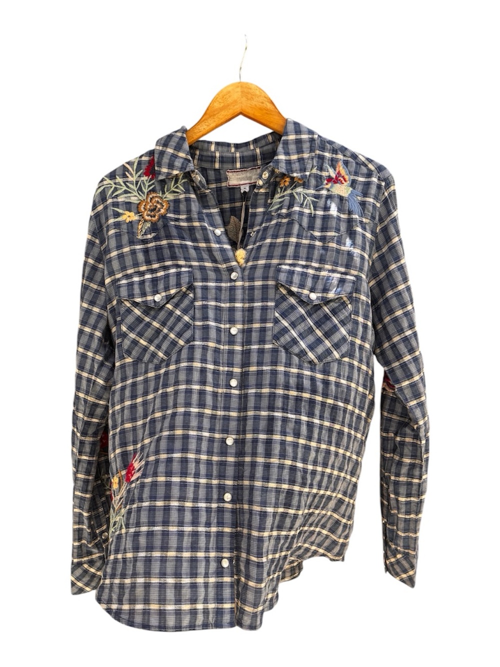 Johnny Was Blue Plaid Embroidered Paloma Western Button-Down Shirt